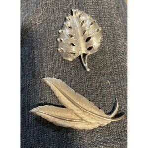 Autumn Leaves Fall Pin Set Of 2 Silver Tone Unsigned Vintage